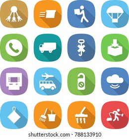 flat vector icon set - share vector, delivery, courier, parachute, phone, shipping, do not hook sign, package, atm, transfer, distrub, cloud service, rag, bucket and broom, vacuum cleaner