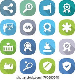 flat vector icon set - share vector, dollar magnifier, flag, medal, presentation, crypto currency, ambulance star, university, flammable, train, tennis, shield