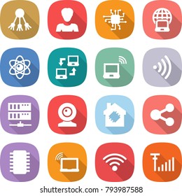 flat vector icon set - share vector, woman, chip, notebook globe, atom, connect, wireless, server, web cam, smart house, laptop wifi, antenna signal