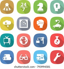 flat vector icon set - share vector, 24 7, chess horse, bulb head, cloud service, fingerprint, virtual mask, electric car, tv, globe, loading, chemical, pipes, 3d glasses, coffee maker, wrench