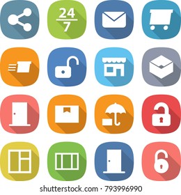 flat vector icon set - share vector, 24 7, mail, delivery, unlock, shop, box, door, package, insurance, unlocked, window