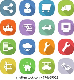 flat vector icon set - share vector, call center, delivery, truck, ambulance car, helicopter, shipping, atm, hotel, cloud service, wrench, skyscrapers cleaning, house, wash, wiping