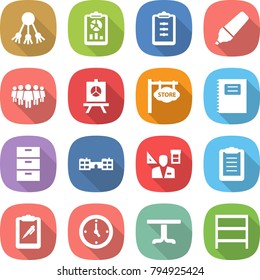 flat vector icon set - share vector, report, clipboard, marker, team, presentation, store signboard, copybook, archive, school, architector, pen, watch, table, rack