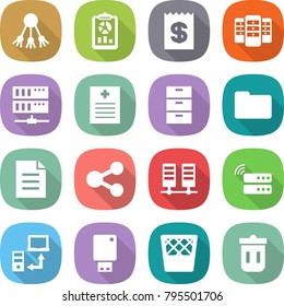 flat vector icon set - share vector, report, receipt, server, recipe, archive, documents, document, data transfer, usb flash, trash bin