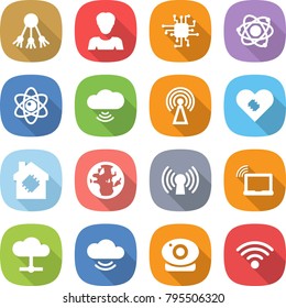 flat vector icon set - share vector, woman, chip, atom, cloud wireless, antenna, pacemaker, smart house, globe, laptop wifi, service, web camera