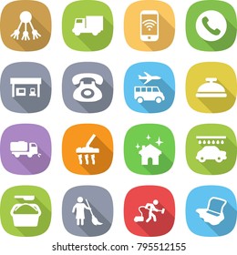 flat vector icon set - share vector, truck, phone wireless, gas station, transfer, service bell, sweeper, vacuum cleaner, house cleaning, car wash, washing powder, brooming, floor