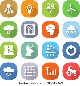 flat vector icon set - share vector, bulb, 24 7, windmill, cloud wireless, fingerprint, virtual mask, lunar rover, coffee maker, satellite antenna, filter, on off button, service, circuit, signal