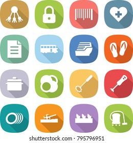 flat vector icon set - share vector, lock, bar code, heart cross, document, bus, cruise ship, flip flops, pan, atom core, whisk, blender, plates, soil cutter, seedling, vacuum cleaner