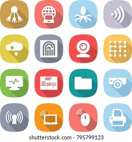 flat vector icon set - share vector, notebook globe, virus, wireless, cloud service, fingerprint, web cam, chip, monitor pulse, invoice, documents, surveillance camera, antenna, laptop wifi, mouse
