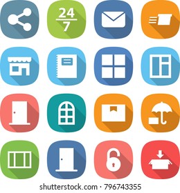 flat vector icon set - share vector, 24 7, mail, delivery, shop, copybook, window, door, arch, package box, insurance, unlock