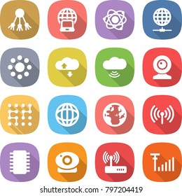flat vector icon set - share vector, notebook globe, atom, connect, round around, cloud service, wireless, web cam, chip, camera, router, antenna signal