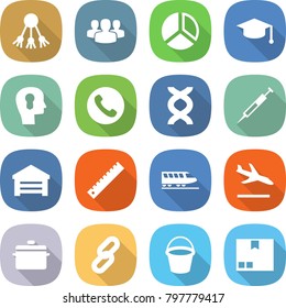 flat vector icon set - share vector, group, diagram, graduate hat, bulb head, phone, dna, syringe, garage, ruler, train, arrival, pan, link, bucket, package