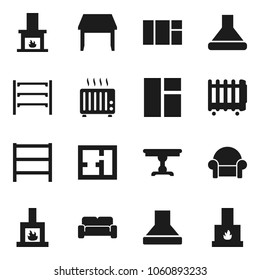 Flat vector icon set - shelving vector, plan, table, cushioned furniture, fireplace, hood, heater, window