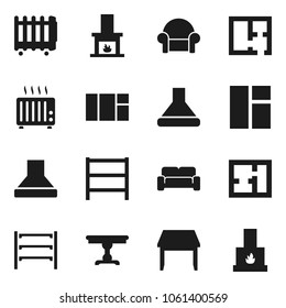 Flat vector icon set - shelving vector, plan, table, cushioned furniture, fireplace, hood, heater, window