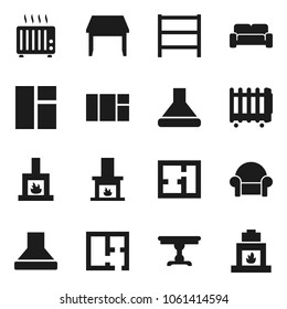 Flat vector icon set - shelving vector, plan, table, cushioned furniture, fireplace, hood, heater, window