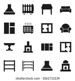 Flat vector icon set - shelving vector, plan, table, cushioned furniture, fireplace, hood, heater, window