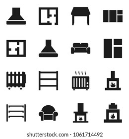 Flat vector icon set - shelving vector, plan, table, cushioned furniture, fireplace, hood, heater, window