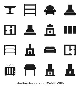 Flat vector icon set - shelving vector, plan, table, cushioned furniture, fireplace, hood, heater, window