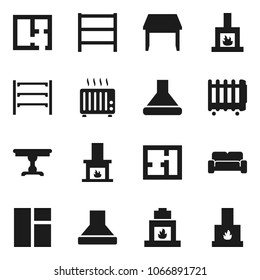 Flat vector icon set - shelving vector, plan, table, cushioned furniture, fireplace, hood, heater, window