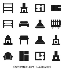 Flat vector icon set - shelving vector, plan, table, cushioned furniture, fireplace, hood, heater, window