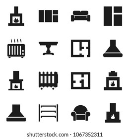 Flat vector icon set - shelving vector, plan, table, cushioned furniture, fireplace, hood, heater, window