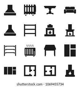 Flat vector icon set - shelving vector, plan, table, cushioned furniture, fireplace, hood, heater, window