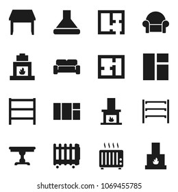 Flat vector icon set - shelving vector, plan, table, cushioned furniture, fireplace, hood, heater, window