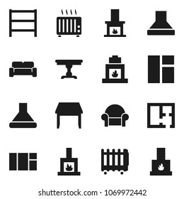 Flat vector icon set - shelving vector, plan, table, cushioned furniture, fireplace, hood, heater, window