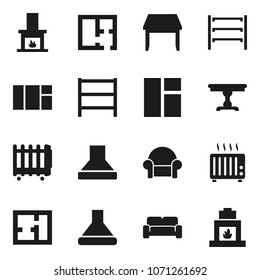 Flat vector icon set - shelving vector, plan, table, cushioned furniture, fireplace, hood, heater, window