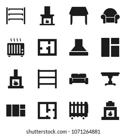 Flat vector icon set - shelving vector, plan, table, cushioned furniture, fireplace, hood, heater, window