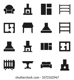 Flat vector icon set - shelving vector, plan, table, cushioned furniture, fireplace, hood, heater, window