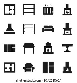 Flat vector icon set - shelving vector, plan, table, cushioned furniture, fireplace, hood, heater, window