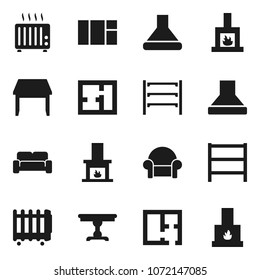 Flat vector icon set - shelving vector, plan, table, cushioned furniture, fireplace, hood, heater, window