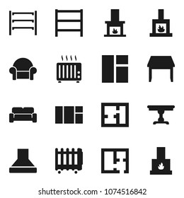 Flat vector icon set - shelving vector, plan, table, cushioned furniture, fireplace, hood, heater, window