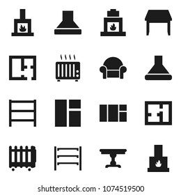 Flat vector icon set - shelving vector, plan, table, cushioned furniture, fireplace, hood, heater, window