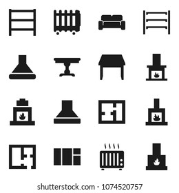 Flat vector icon set - shelving vector, plan, table, cushioned furniture, fireplace, hood, heater, window