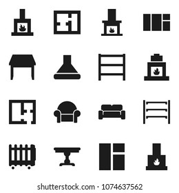 Flat vector icon set - shelving vector, plan, table, cushioned furniture, fireplace, hood, heater, window