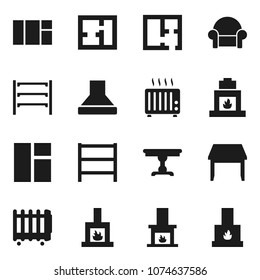 Flat vector icon set - shelving vector, plan, table, cushioned furniture, fireplace, hood, heater, window