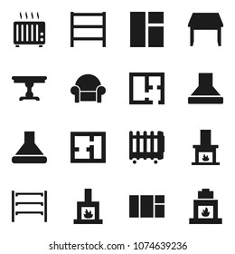 Flat vector icon set - shelving vector, plan, table, cushioned furniture, fireplace, hood, heater, window