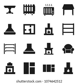 Flat vector icon set - shelving vector, plan, table, cushioned furniture, fireplace, hood, heater, window