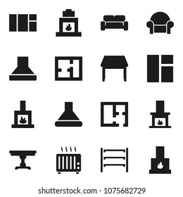 Flat Vector Icon Set - Shelving Vector, Plan, Table, Cushioned Furniture, Fireplace, Hood, Heater, Window