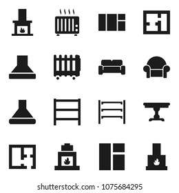 Flat vector icon set - shelving vector, plan, table, cushioned furniture, fireplace, hood, heater, window