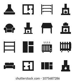 Flat vector icon set - shelving vector, plan, table, cushioned furniture, fireplace, hood, heater, window