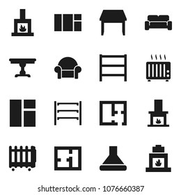 Flat vector icon set - shelving vector, plan, table, cushioned furniture, fireplace, hood, heater, window