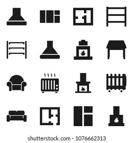 Flat vector icon set - shelving vector, plan, table, cushioned furniture, fireplace, hood, heater, window