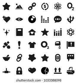 Flat vector icon set - shining vector, splotch, mixer, copybook, atom, exchange, pie graph, oxygen, stadium, attention, satellite, top sign, equalizer, link, favorites, heart, cross, eye, mortar
