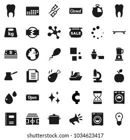 Flat vector icon set - shining vector, washer, pan, turk coffee, chicken leg, copybook, apple fruit, cent sign, stadium, stopwatch, skateboard, molecule, earth, ship, calendar, port, document, sperm