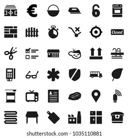 Flat vector icon set - shining window vector, camping cauldron, towel, cook timer, cutting board, oven, steak, glasses, school bus, personal information, leaf, exam, target, euro sign, stadium, pool