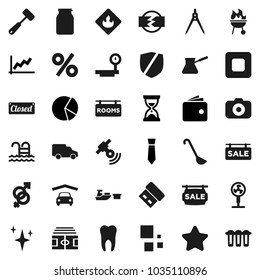 Flat vector icon set - shining vector, ladle, meat hammer, turk coffee, bbq, jar, drawing compass, graph, pie, wallet, sand clock, tie, stadium, pool, car, port, protected, flammable, big scales