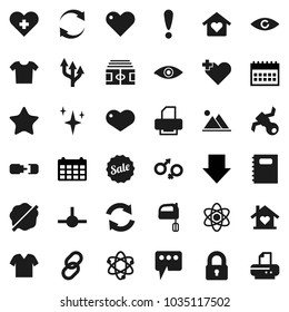 Flat vector icon set - shining vector, splotch, mixer, copybook, atom, arrow down, calendar, stadium, attention, satellite, link, favorites, heart, cross, eye, gender sign, connect, message, refresh